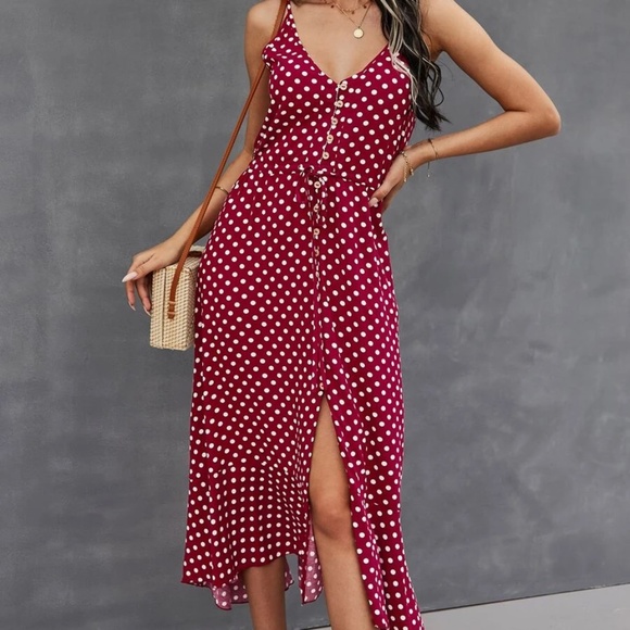 Button up v neck tie polka dot midi dress - Picture 8 of 16